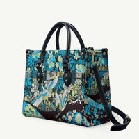 Japanese Hawaiian Crane Leather Bag Blue Tapa Patchwork Pattern
