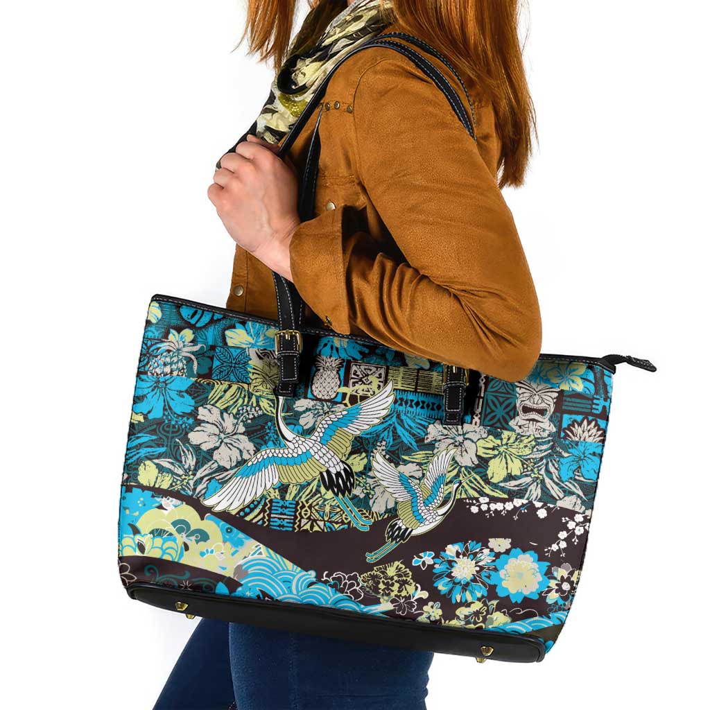 Japanese Hawaiian Crane Leather Tote Bag Blue Tapa Patchwork Pattern