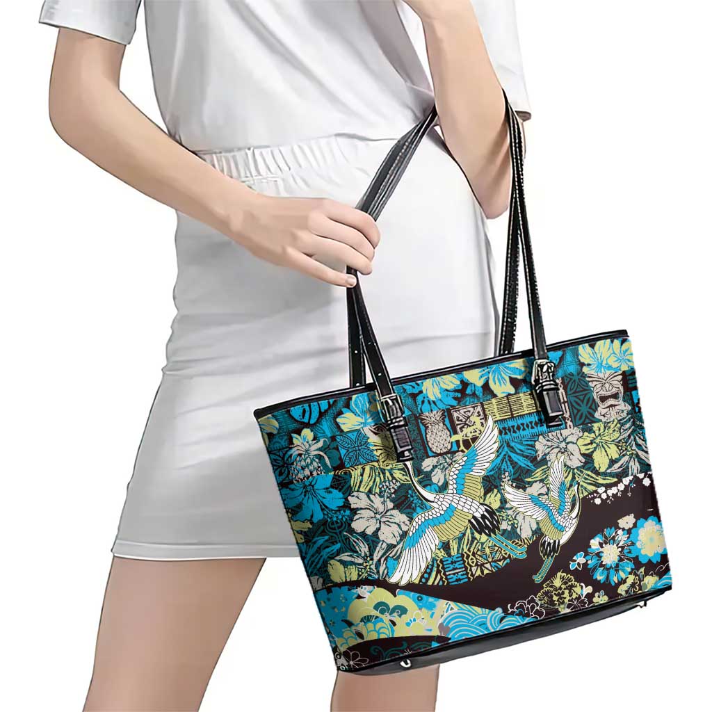 Japanese Hawaiian Crane Leather Tote Bag Blue Tapa Patchwork Pattern