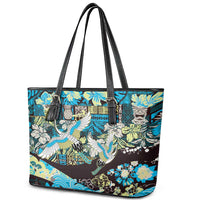 Japanese Hawaiian Crane Leather Tote Bag Blue Tapa Patchwork Pattern