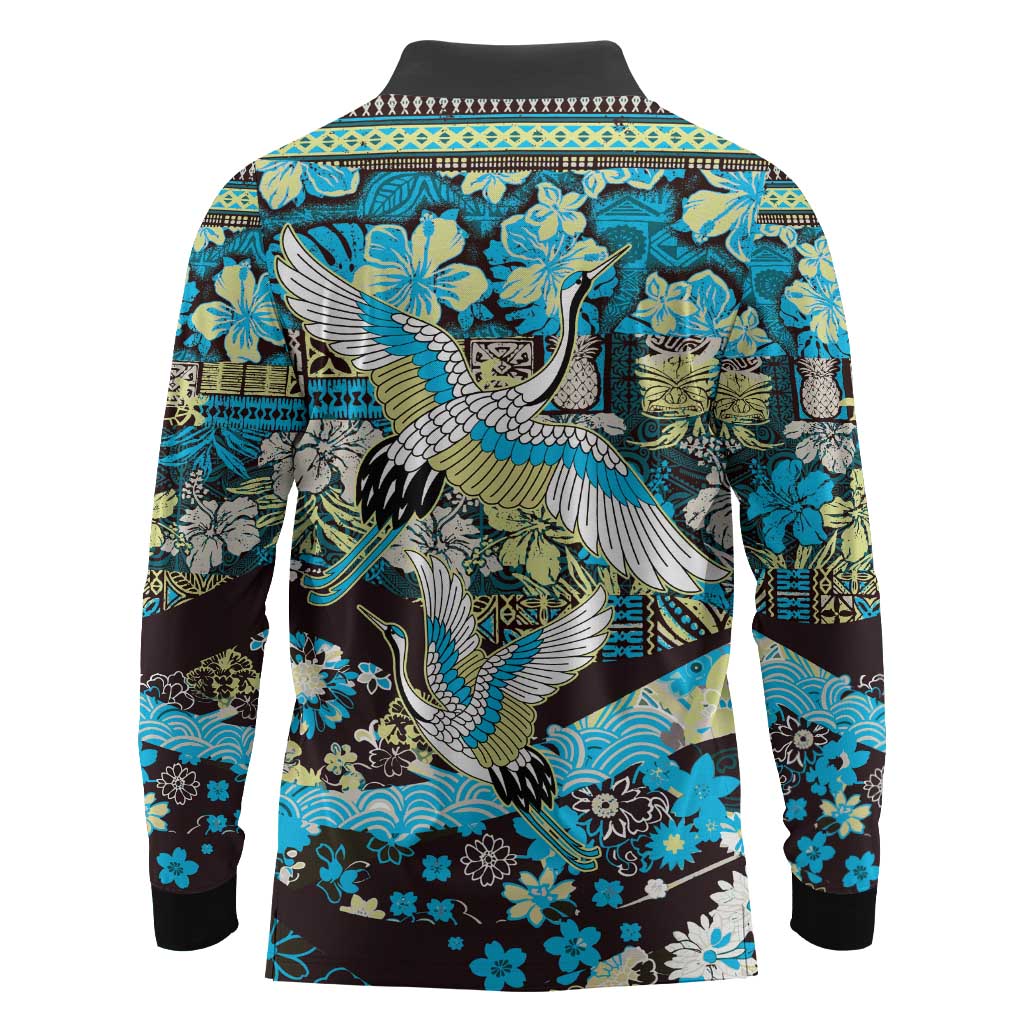 Japanese Hawaiian Crane Long Sleeve Polo Shirt Blue Tapa Patchwork Pattern