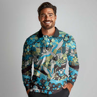 Japanese Hawaiian Crane Long Sleeve Polo Shirt Blue Tapa Patchwork Pattern
