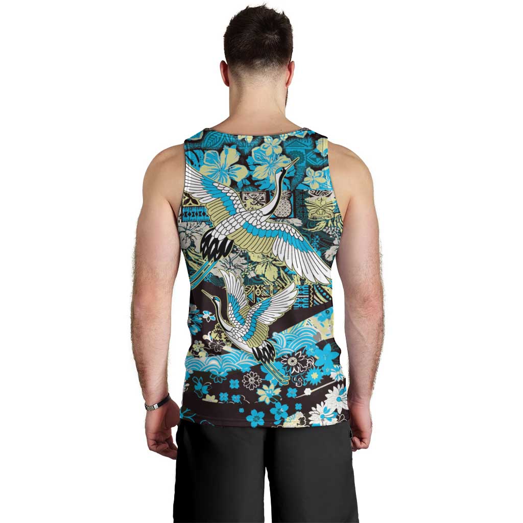 Japanese Hawaiian Crane Men Tank Top Blue Tapa Patchwork Pattern