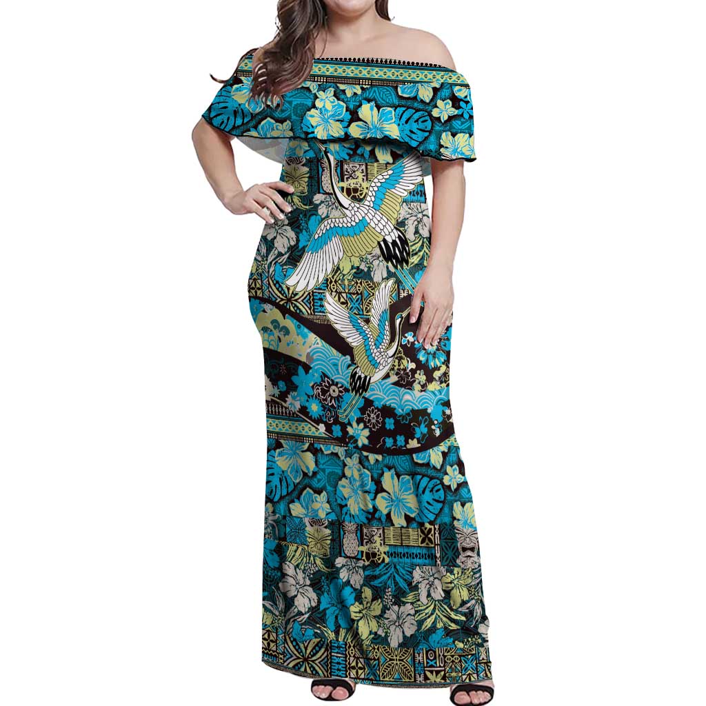 Japanese Hawaiian Crane Off Shoulder Maxi Dress Blue Tapa Patchwork Pattern