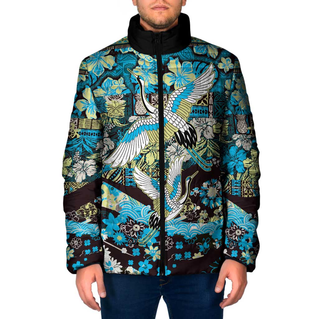 Japanese Hawaiian Crane Padded Jacket Blue Tapa Patchwork Pattern