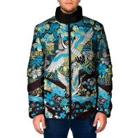 Japanese Hawaiian Crane Padded Jacket Blue Tapa Patchwork Pattern