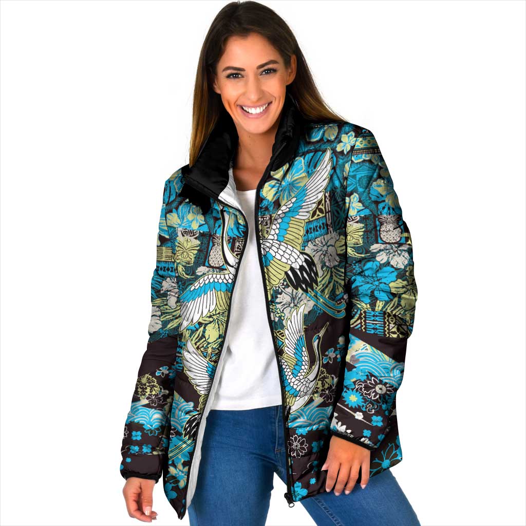 Japanese Hawaiian Crane Padded Jacket Blue Tapa Patchwork Pattern