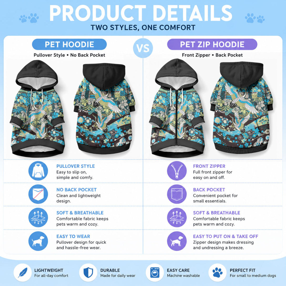 Japanese Hawaiian Crane Pet Hoodie Blue Tapa Patchwork Pattern LT9 - Polynesian Pride