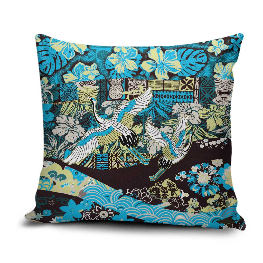 Japanese Hawaiian Crane Pillow Cover Blue Tapa Patchwork Pattern