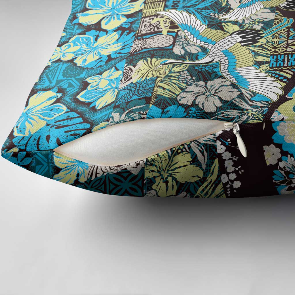 Japanese Hawaiian Crane Pillow Cover Blue Tapa Patchwork Pattern