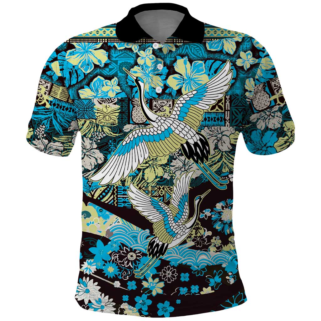 Japanese Hawaiian Crane Polo Shirt Blue Tapa Patchwork Pattern