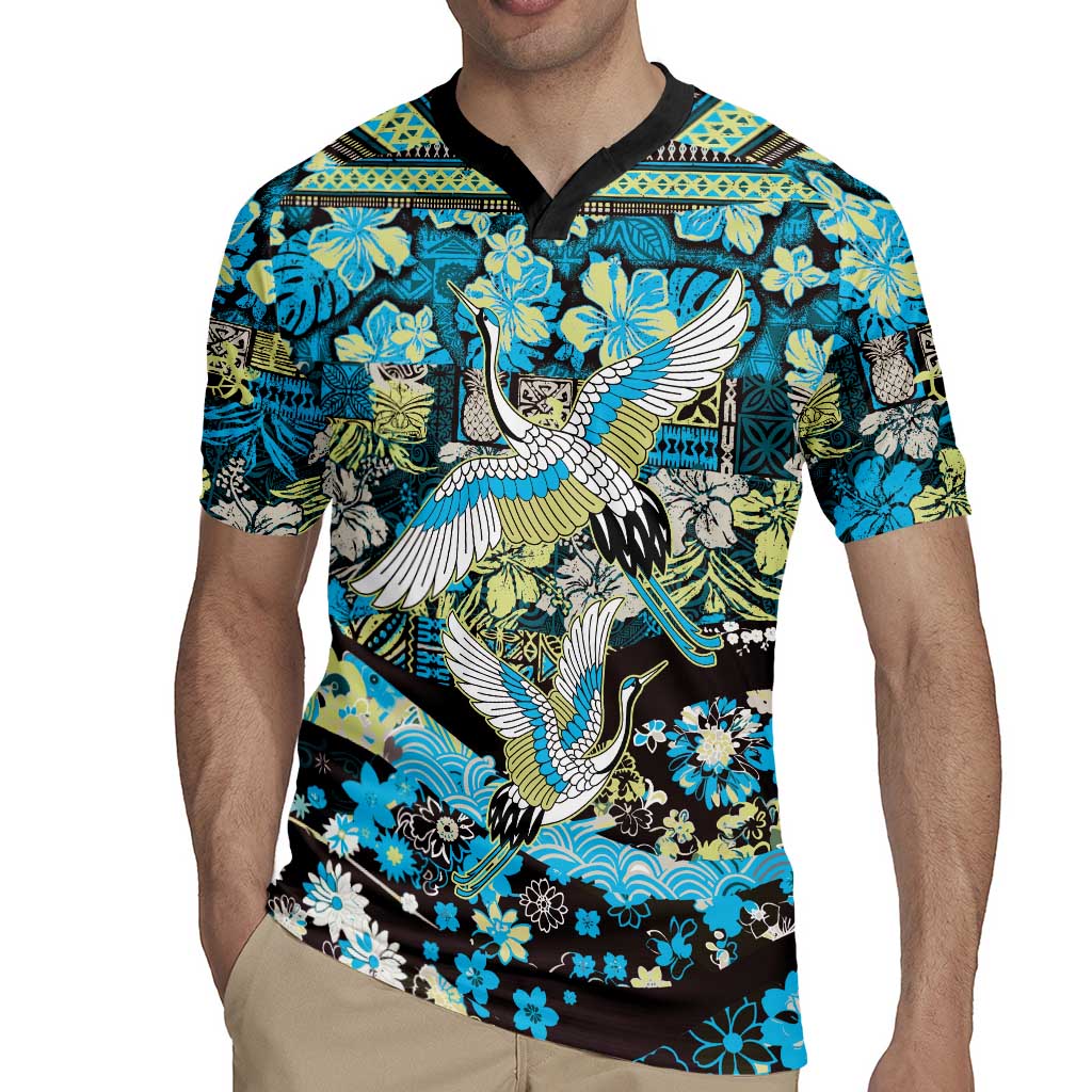Japanese Hawaiian Crane Rugby Jersey Blue Tapa Patchwork Pattern