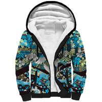 Japanese Hawaiian Crane Sherpa Hoodie Blue Tapa Patchwork Pattern