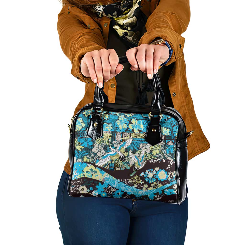 Japanese Hawaiian Crane Shoulder Handbag Blue Tapa Patchwork Pattern