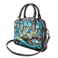 Japanese Hawaiian Crane Shoulder Handbag Blue Tapa Patchwork Pattern