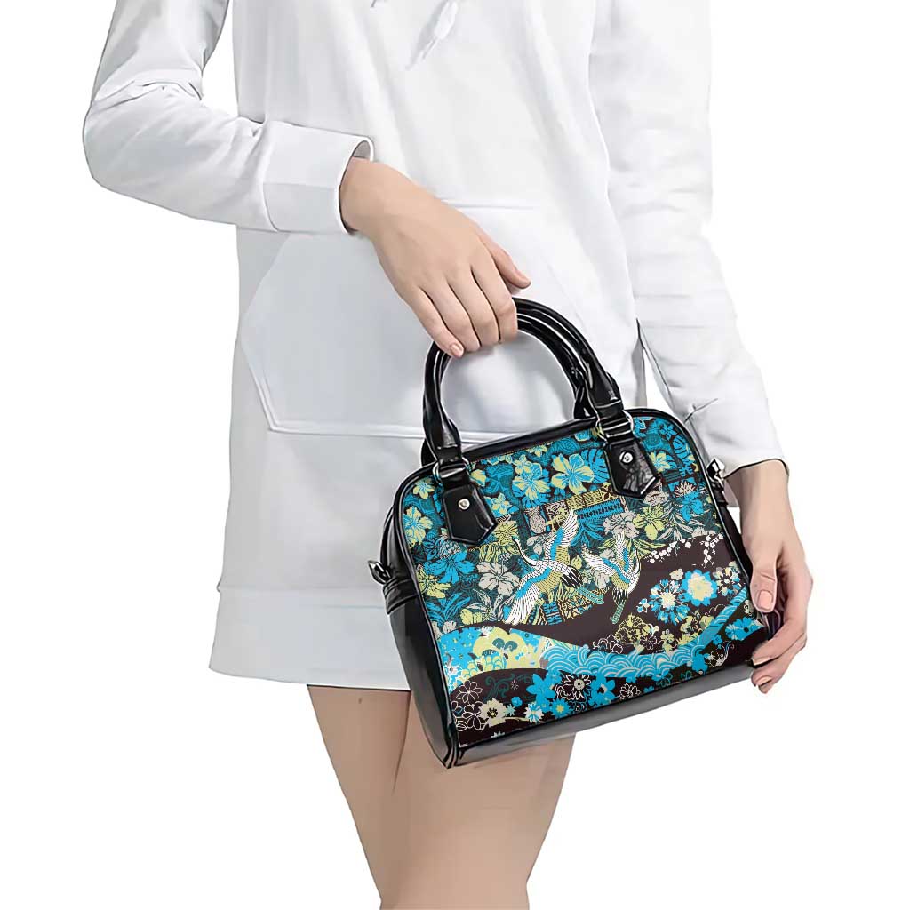 Japanese Hawaiian Crane Shoulder Handbag Blue Tapa Patchwork Pattern