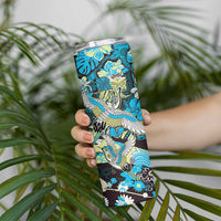 Japanese Hawaiian Crane Skinny Tumbler Blue Tapa Patchwork Pattern