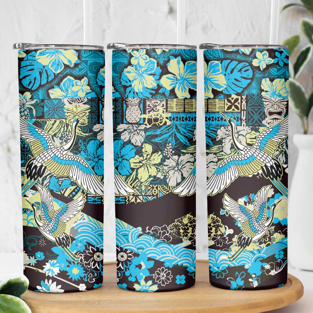 Japanese Hawaiian Crane Skinny Tumbler Blue Tapa Patchwork Pattern