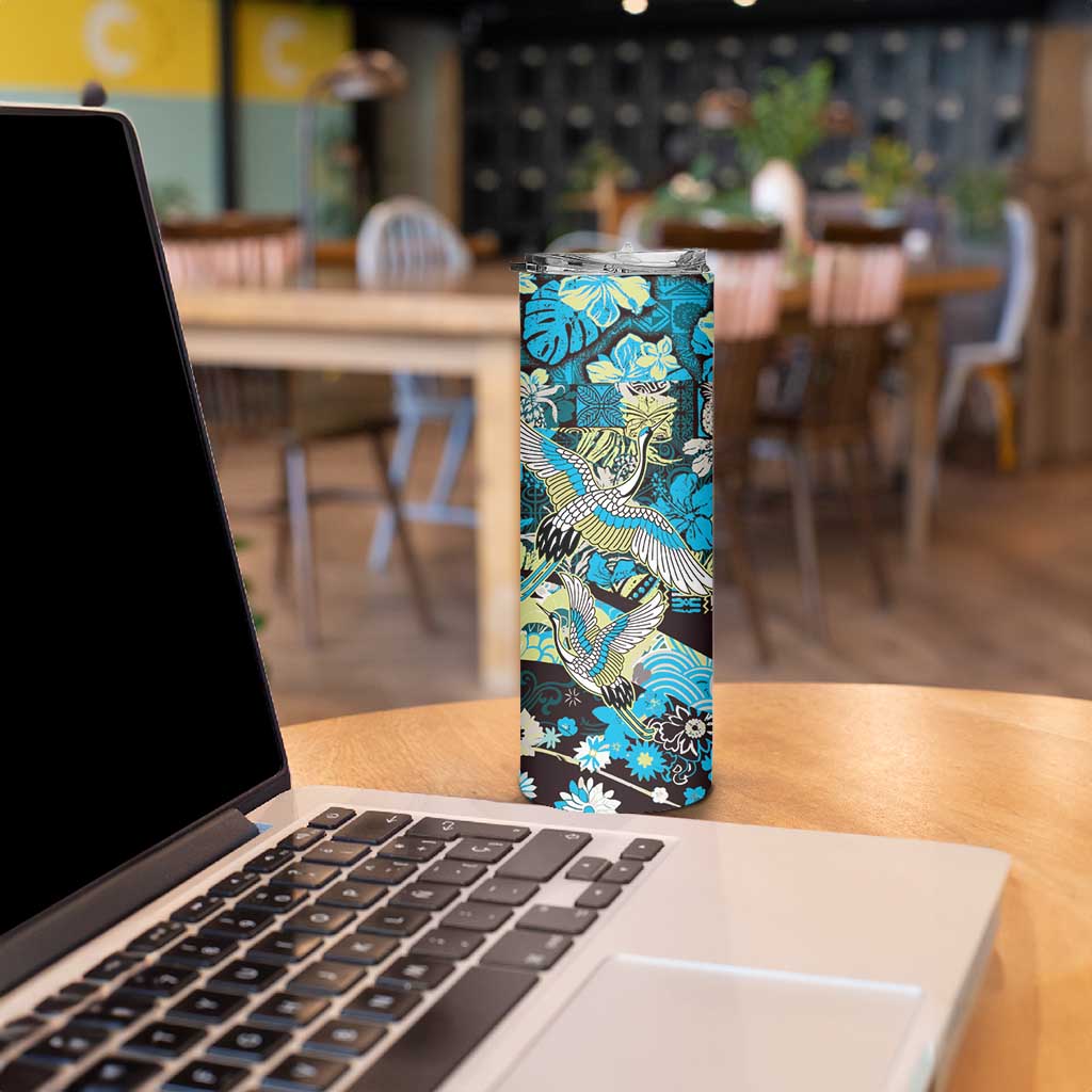 Japanese Hawaiian Crane Skinny Tumbler Blue Tapa Patchwork Pattern