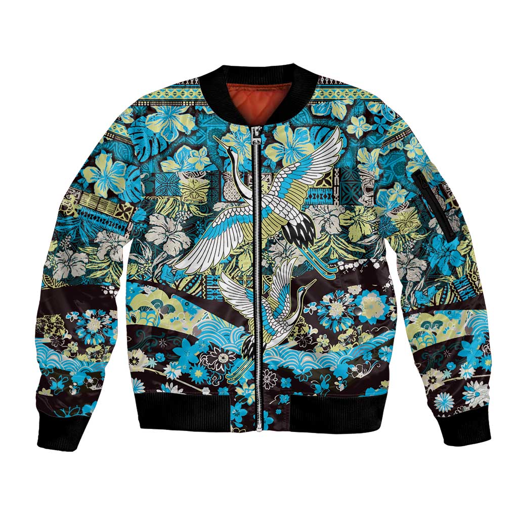 Japanese Hawaiian Crane Sleeve Zip Bomber Jacket Blue Tapa Patchwork Pattern