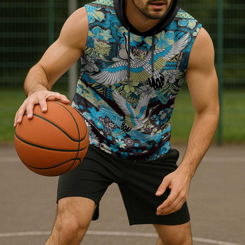 Japanese Hawaiian Crane Sleeveless Hoodie Blue Tapa Patchwork Pattern