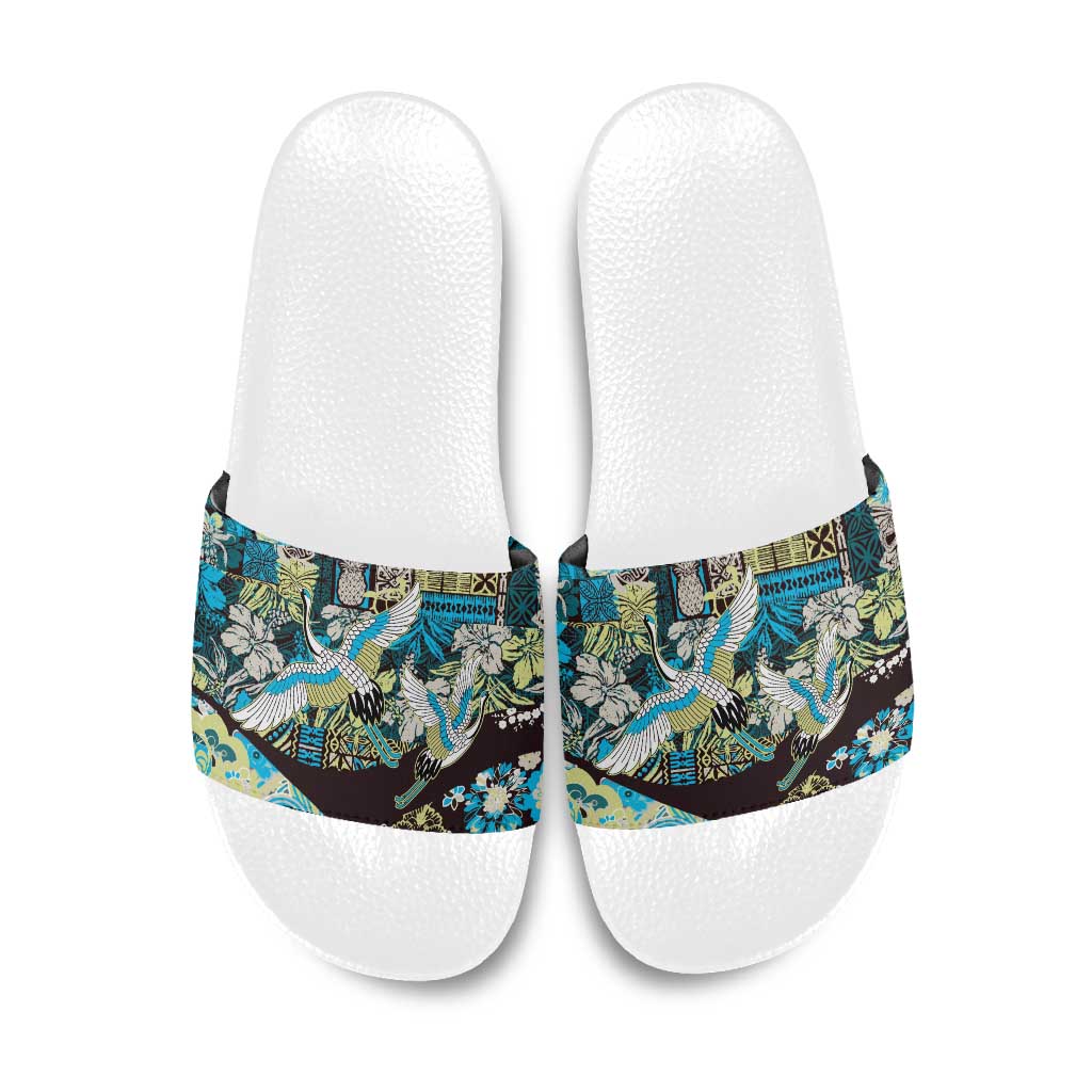 Japanese Hawaiian Crane Slide Sandals Blue Tapa Patchwork Pattern