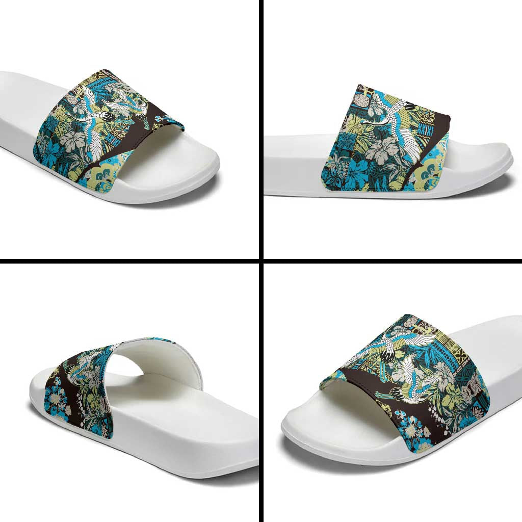 Japanese Hawaiian Crane Slide Sandals Blue Tapa Patchwork Pattern