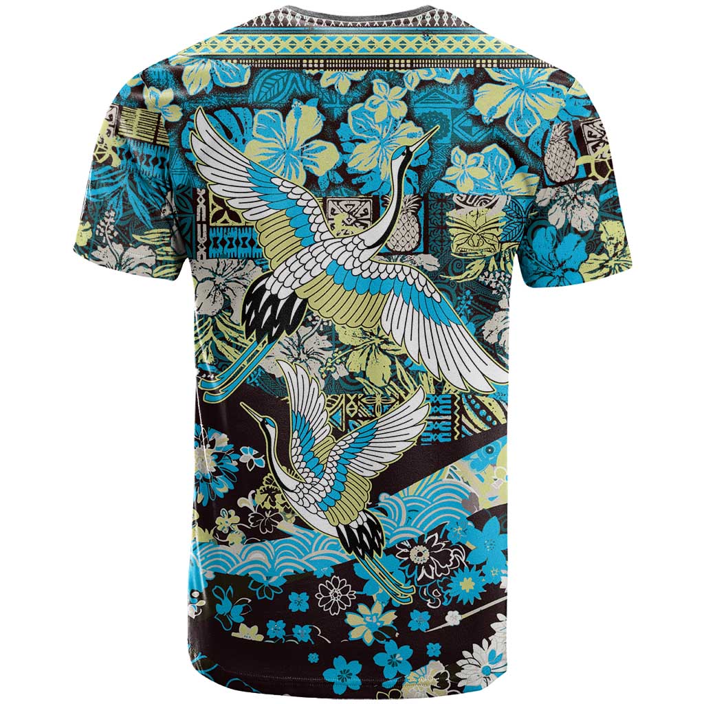 Japanese Hawaiian Crane T Shirt Blue Tapa Patchwork Pattern