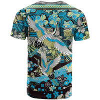 Japanese Hawaiian Crane T Shirt Blue Tapa Patchwork Pattern