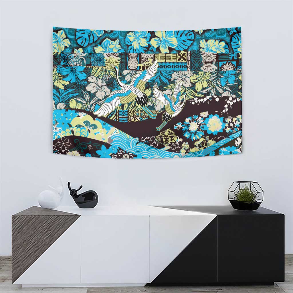 Japanese Hawaiian Crane Tapestry Blue Tapa Patchwork Pattern