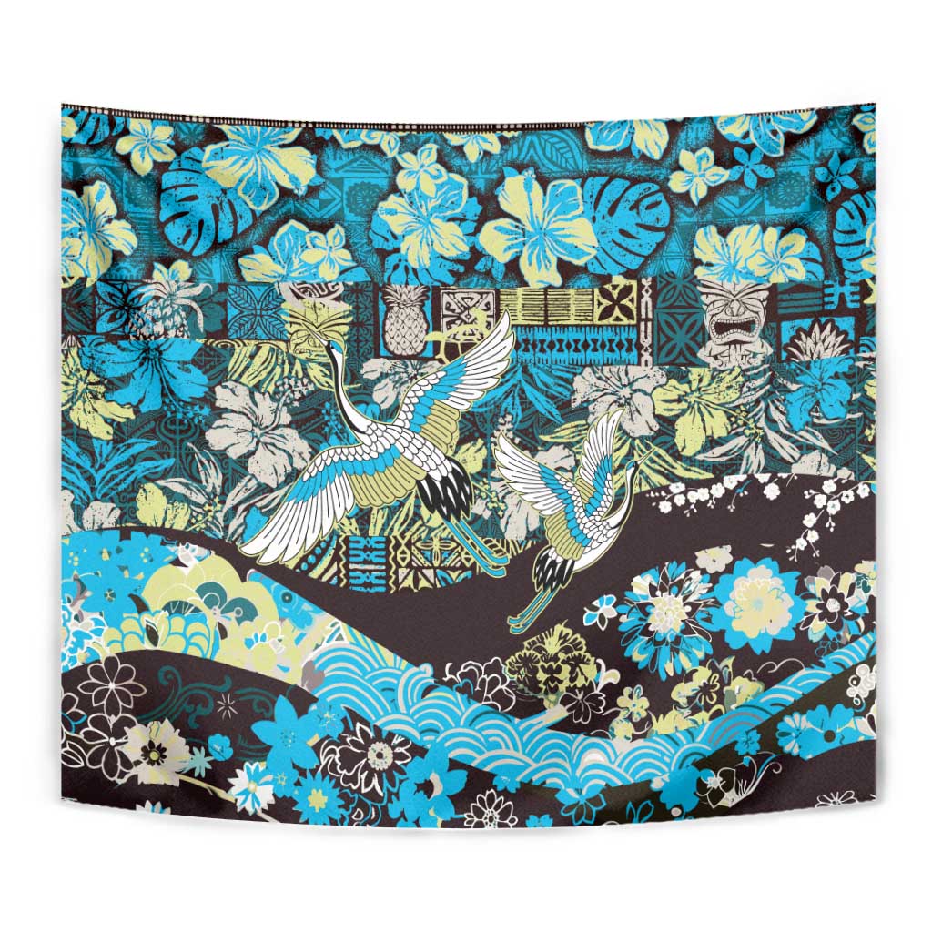 Japanese Hawaiian Crane Tapestry Blue Tapa Patchwork Pattern