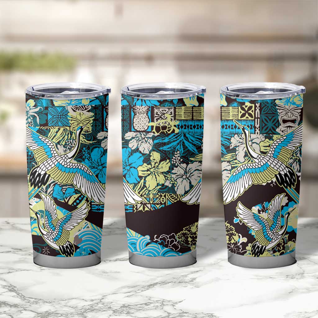 Japanese Hawaiian Crane Tumbler Cup Blue Tapa Patchwork Pattern