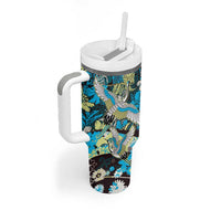 Japanese Hawaiian Crane Tumbler With Handle Blue Tapa Patchwork Pattern