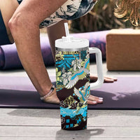 Japanese Hawaiian Crane Tumbler With Handle Blue Tapa Patchwork Pattern