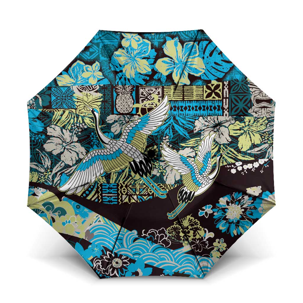Japanese Hawaiian Crane Umbrella Blue Tapa Patchwork Pattern