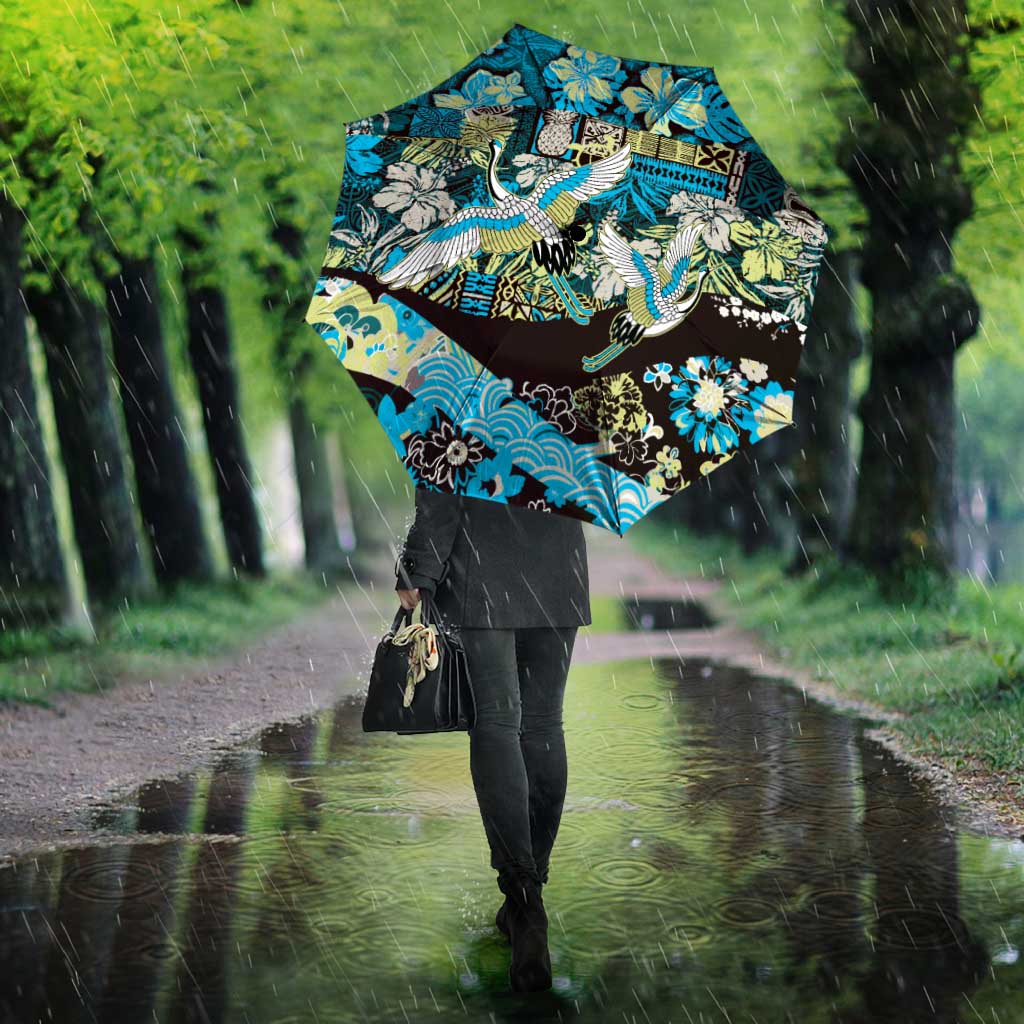 Japanese Hawaiian Crane Umbrella Blue Tapa Patchwork Pattern