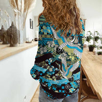 Japanese Hawaiian Crane Women Casual Shirt Blue Tapa Patchwork Pattern