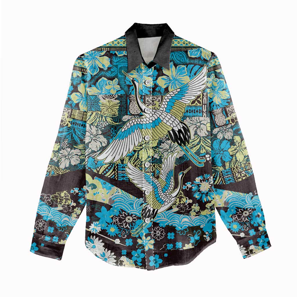 Japanese Hawaiian Crane Women Casual Shirt Blue Tapa Patchwork Pattern