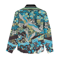 Japanese Hawaiian Crane Women Casual Shirt Blue Tapa Patchwork Pattern