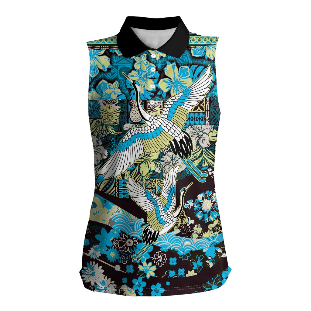 Japanese Hawaiian Crane Women Sleeveless Polo Shirt Blue Tapa Patchwork Pattern