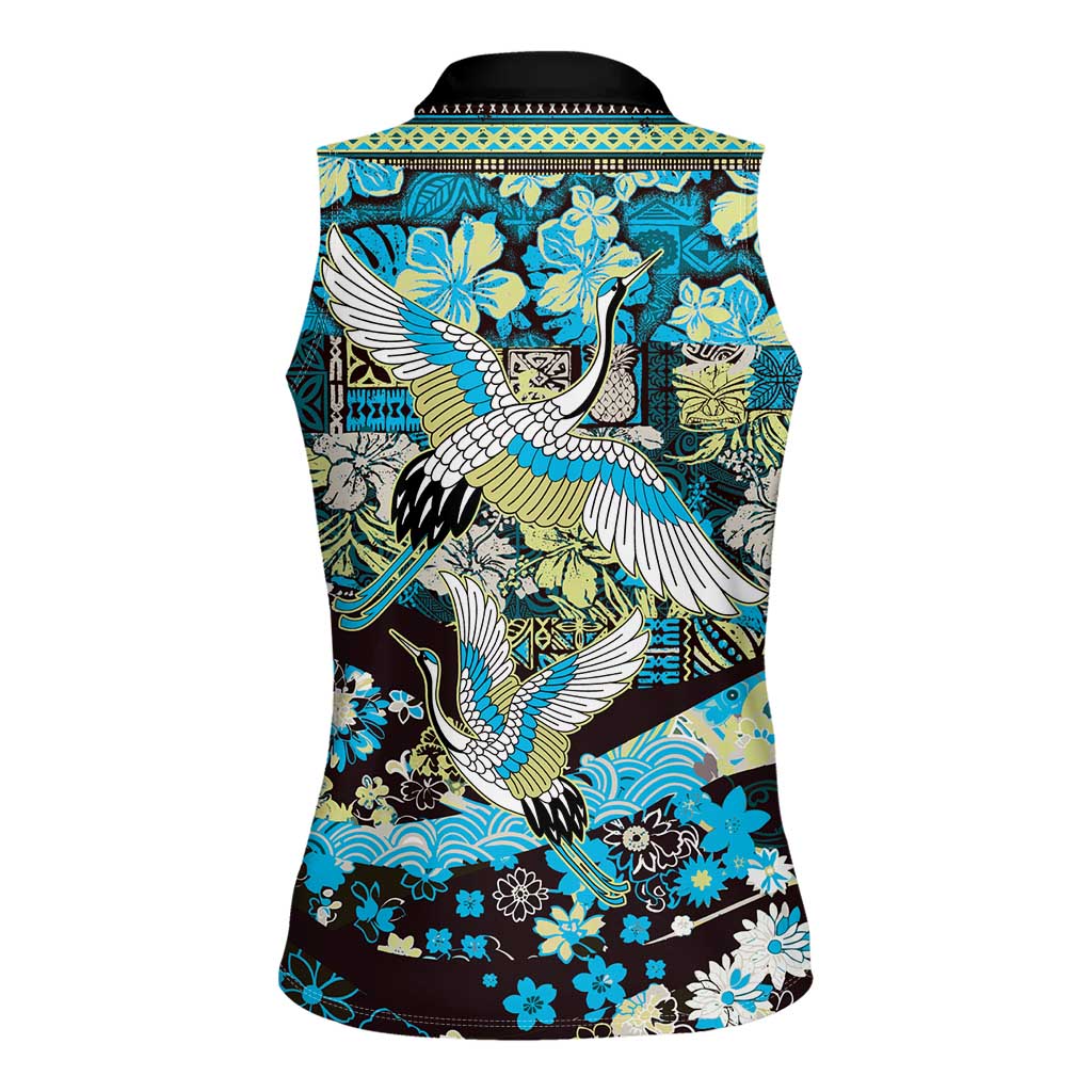 Japanese Hawaiian Crane Women Sleeveless Polo Shirt Blue Tapa Patchwork Pattern