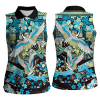 Japanese Hawaiian Crane Women Sleeveless Polo Shirt Blue Tapa Patchwork Pattern