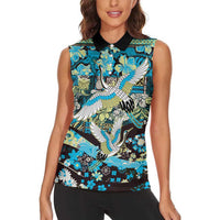 Japanese Hawaiian Crane Women Sleeveless Polo Shirt Blue Tapa Patchwork Pattern