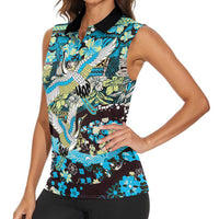 Japanese Hawaiian Crane Women Sleeveless Polo Shirt Blue Tapa Patchwork Pattern