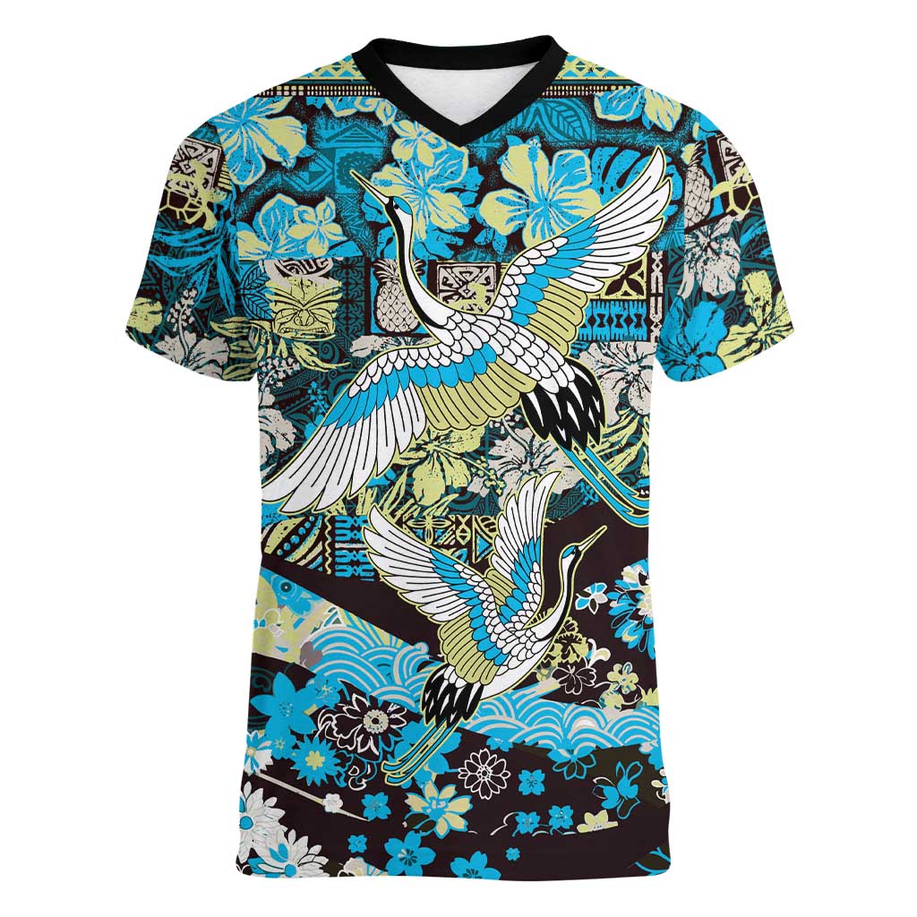 Japanese Hawaiian Crane Women V-Neck T-Shirt Blue Tapa Patchwork Pattern