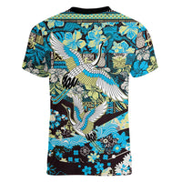 Japanese Hawaiian Crane Women V-Neck T-Shirt Blue Tapa Patchwork Pattern