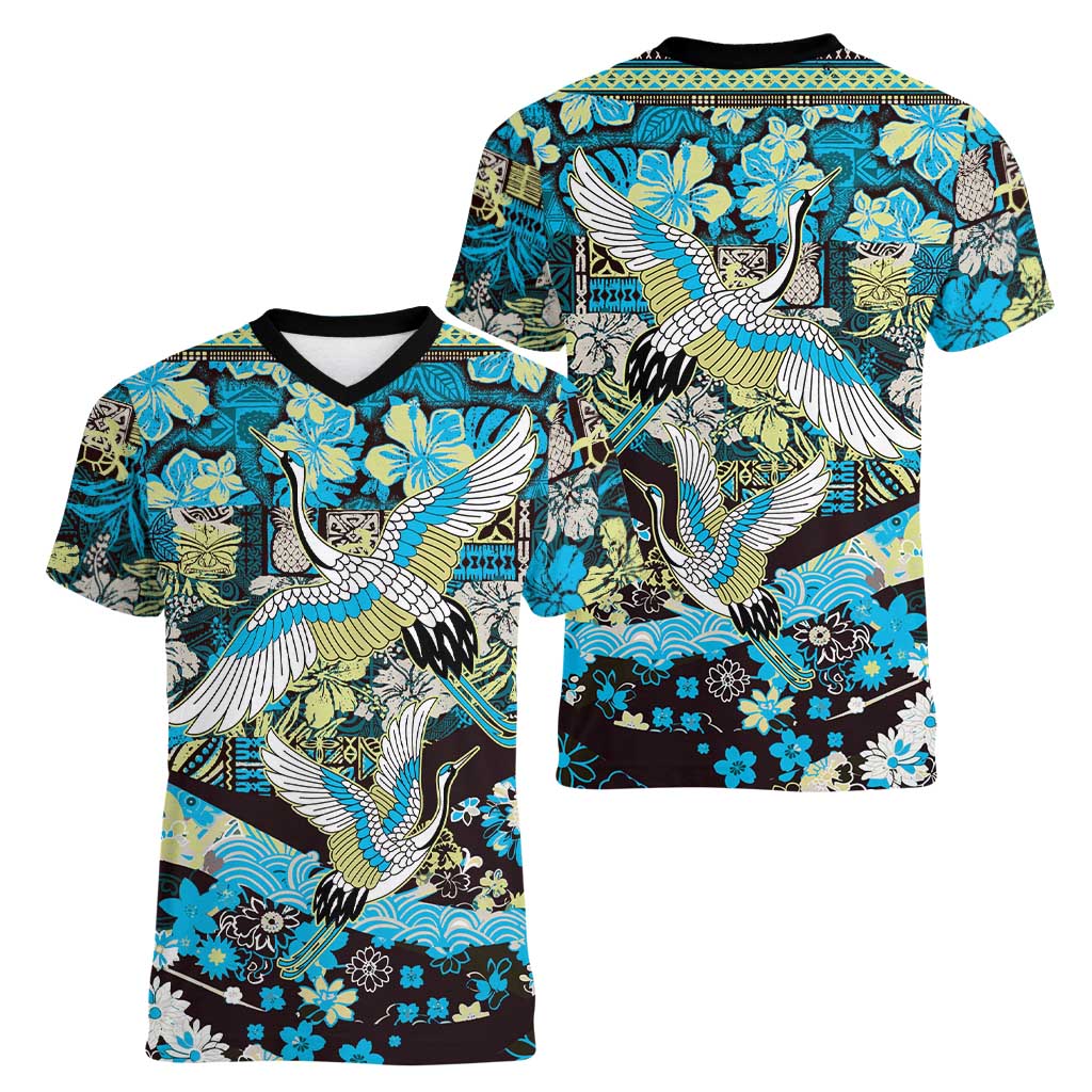 Japanese Hawaiian Crane Women V-Neck T-Shirt Blue Tapa Patchwork Pattern