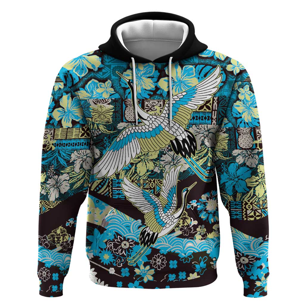 Japanese Hawaiian Crane Zip Hoodie Blue Tapa Patchwork Pattern