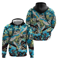 Japanese Hawaiian Crane Zip Hoodie Blue Tapa Patchwork Pattern