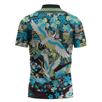 Japanese Hawaiian Crane Zipper Polo Shirt Blue Tapa Patchwork Pattern